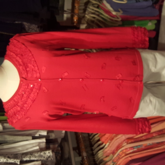ANN TRINITY ♡ Gorgeous Red Ribbon Sequin Embellished Bling Button Front Blouse M - Picture 9 of 16